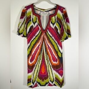 Trina Turk silk shift dress colorful mod chevron indie sz 10 v-neck embrodiered